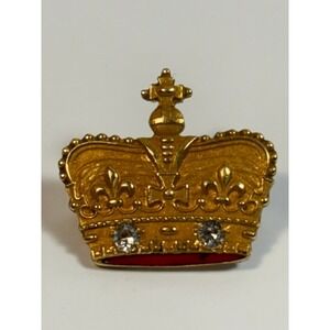 Vintage Gold Crown Pin Brooch Rhinestone Red Accent Vintage Gold Filled